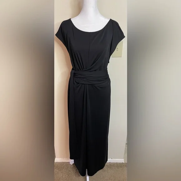 Ann Taylor Women's Cap Sleeve Tie Waist Midi Black Dress Size 18. NWT